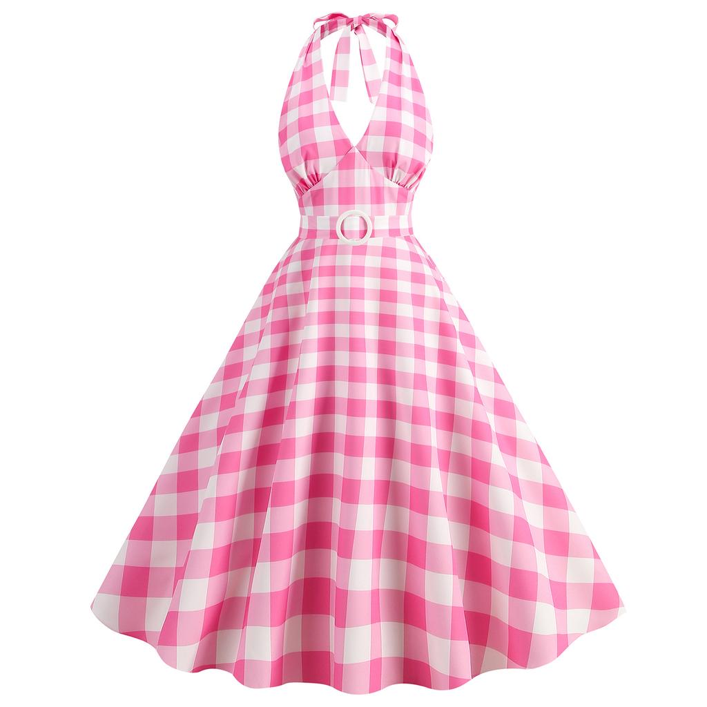 Women's Retro Hepburn-Style Dress With Patchwork Plaid Hem And Large Skirt