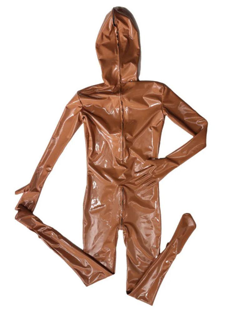 Pu Leather Full Coat Separate Finger Bodystocking Hidden Penis Sheath Zipper Crotch Bodysuit Tights Cosplay Leotard Conjoined