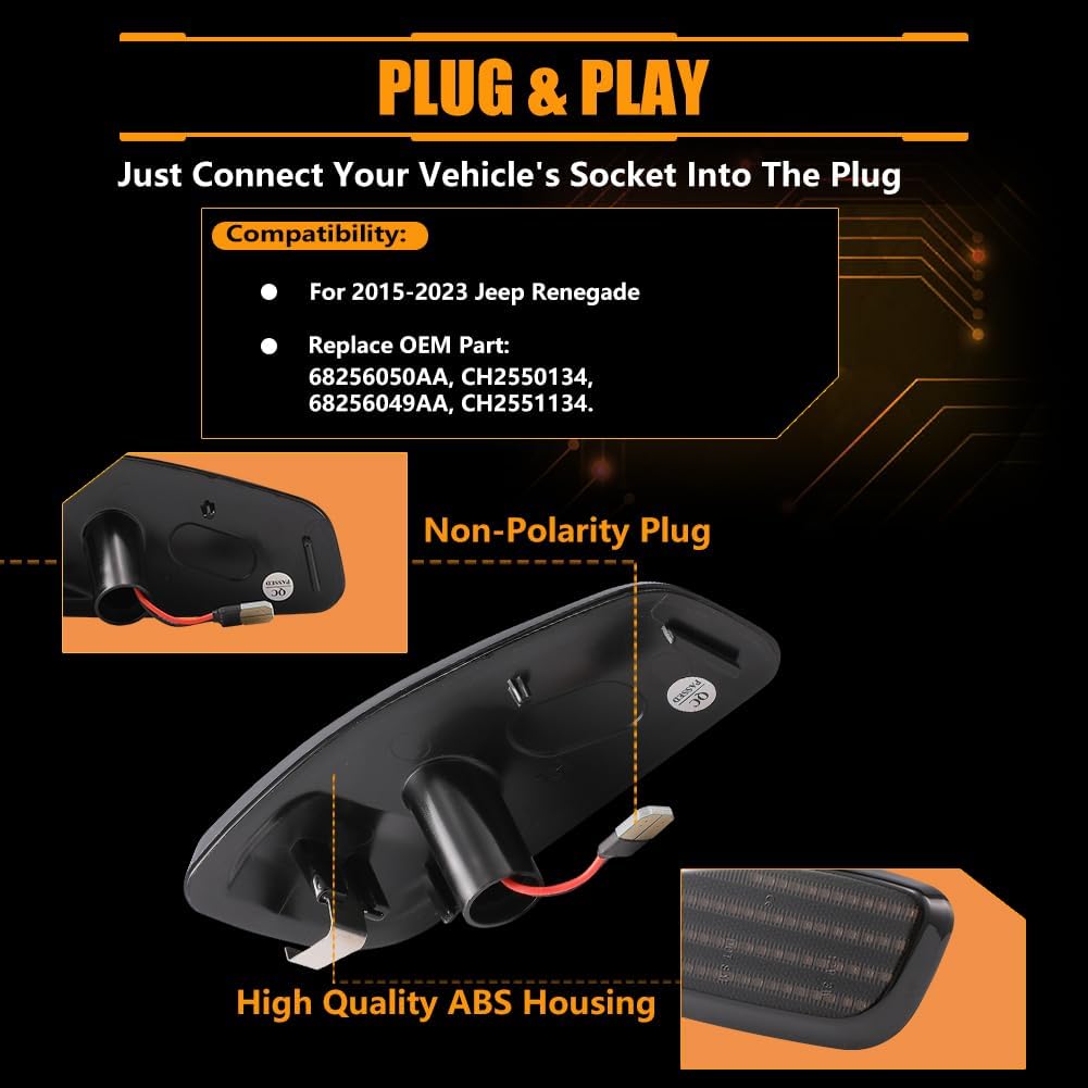 Front Fender LED Side Marker Lights for 2015 2016 2017 2018 Je-ep Renegade, Renegade Smoked Lens Side Bumper Marker Lamps, Amber LED Side Markers