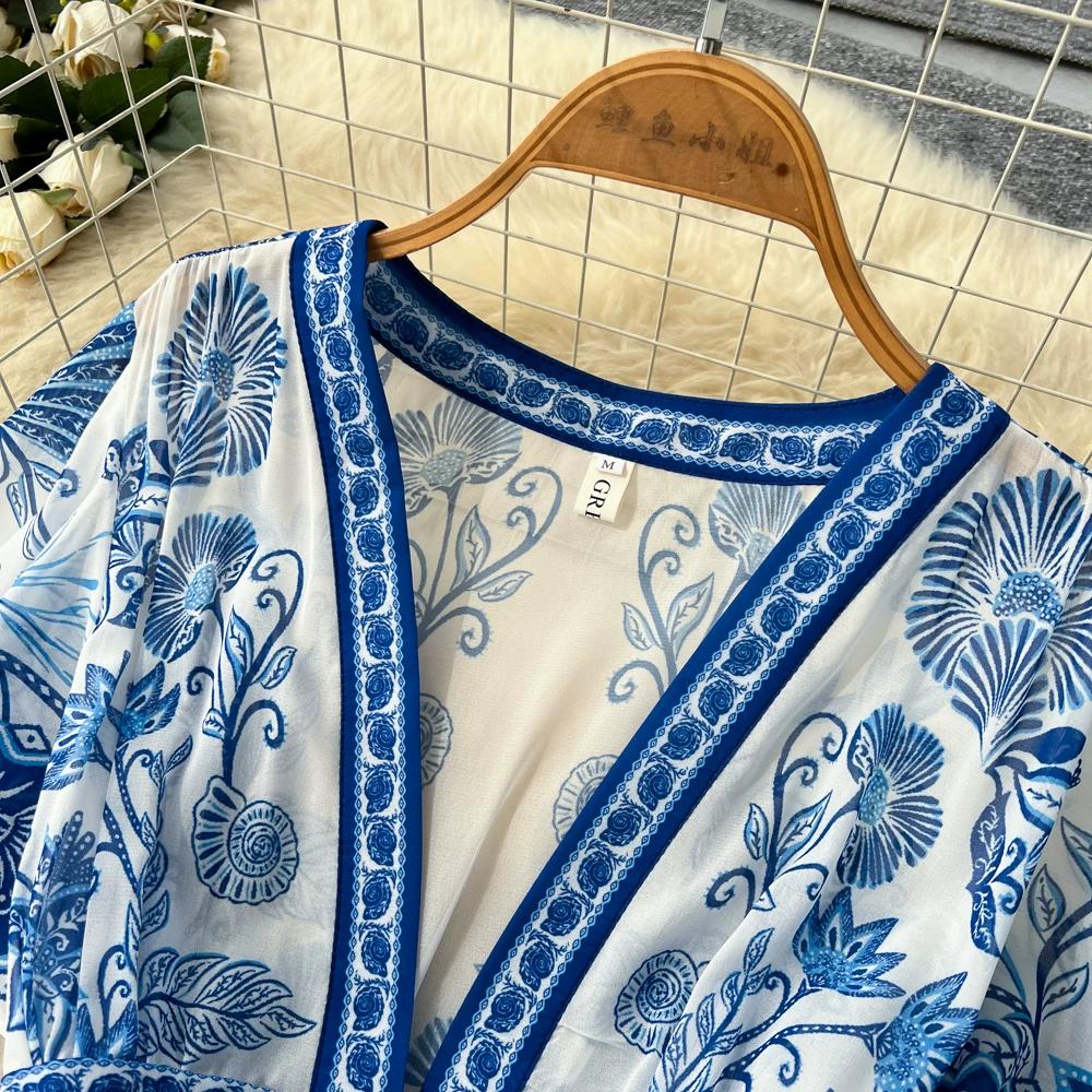 Luksusowa Niebiesko-Biała Porcelanowa Sukienka Maxi Bez Rękawów z Dekoltem V dla Kobiet Elegancka Letnia Sukienka A-Line z Wysokim Stanem Modelująca Sylwetkę