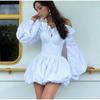 Ruffles Pleated Bud Women's Dress Elegant Backless Puff Sleeve Waist Cinching Ball Gown Mini Dresses Female Summer Lady Dress