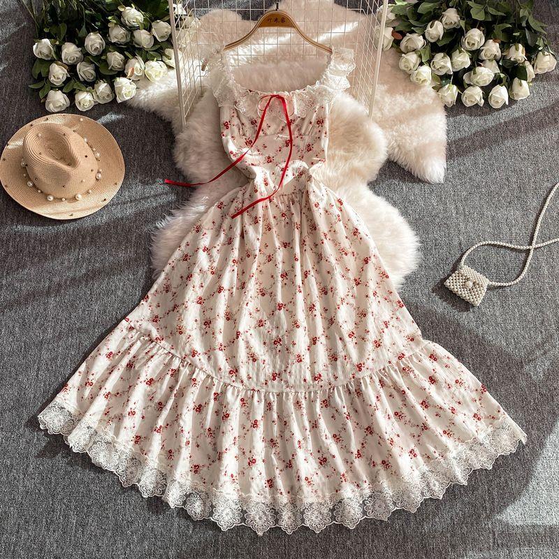 

Французское цветочное платье с рукавами-крылышками Женское 2024 Лето Новое поступление Чистое желание Ветер Сладкое Кружево Приталенное Длинное платье White Print [Long]] All yards