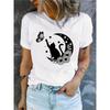 1pc Wo Casual T-Shirt with Cat and Butterfly Graphic Print, Crew Neck, Short Sleeve, Fabric, Sun and Moon Pattern