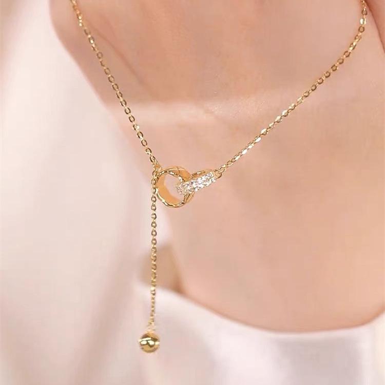 925 Sterling Silver Double Ring Geometric Pendant Necklace French Vintage Style for Women