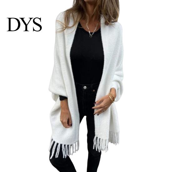 Women Shawl Jacket Winter Fall Thick Fleece Fringe Tassel Hem Long Bat Sleeves Open Stitch Cardigan Knitted Fuzzy Mid Length Coat Outdoor Daily