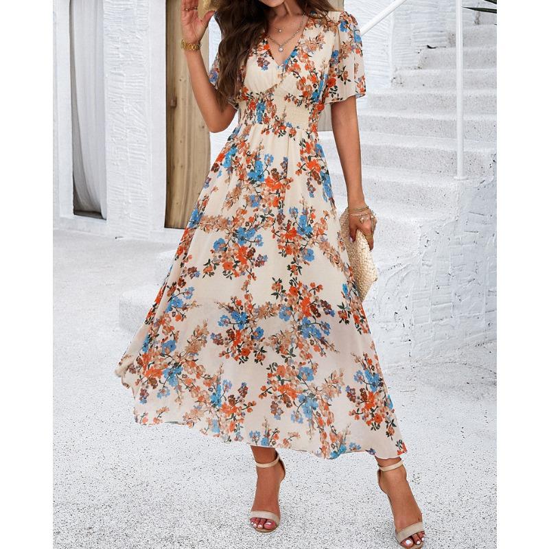 

Женское платье Temperament с V-образным вырезом и короткими рукавами, принтованное шифоновое платье L