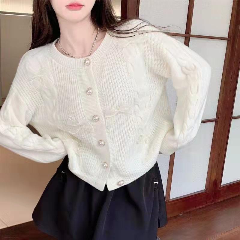 Podzimní a zimní kulatý výstřih Jemný sladký vítr Mašle v zahraničním stylu Roztomilý Dámský Pletený Cardigan Pohodlný Všestranný a módní