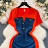 New Trendy Casual Dress Women's Contrast Vintage Denim Panel Short Sleeve Slim Fit Pencil Dress