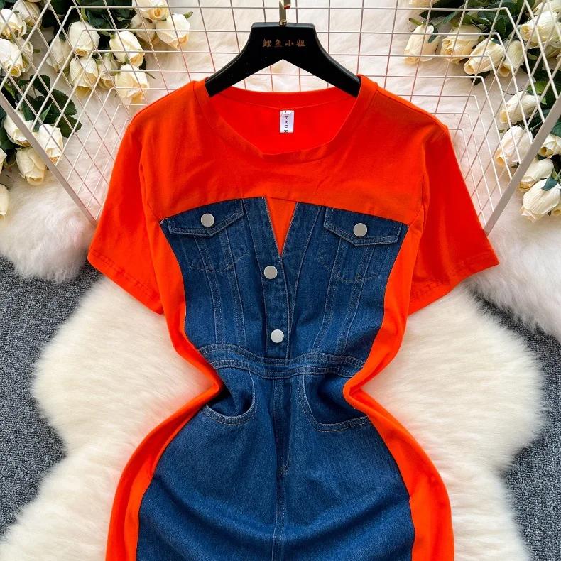 New Trendy Casual Dress Women's Contrast Vintage Denim Panel Short Sleeve Slim Fit Pencil Dress