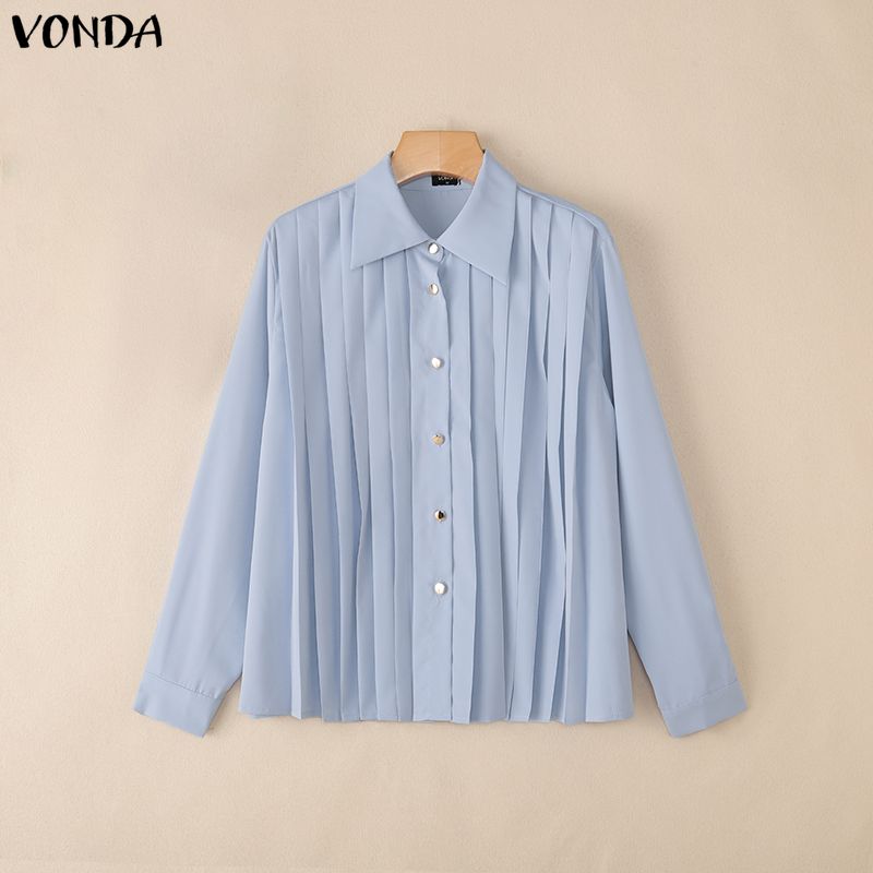 VONDA Damen Lässig Umlegekragen Elegant Gerüscht Plissee Langarm Bluse