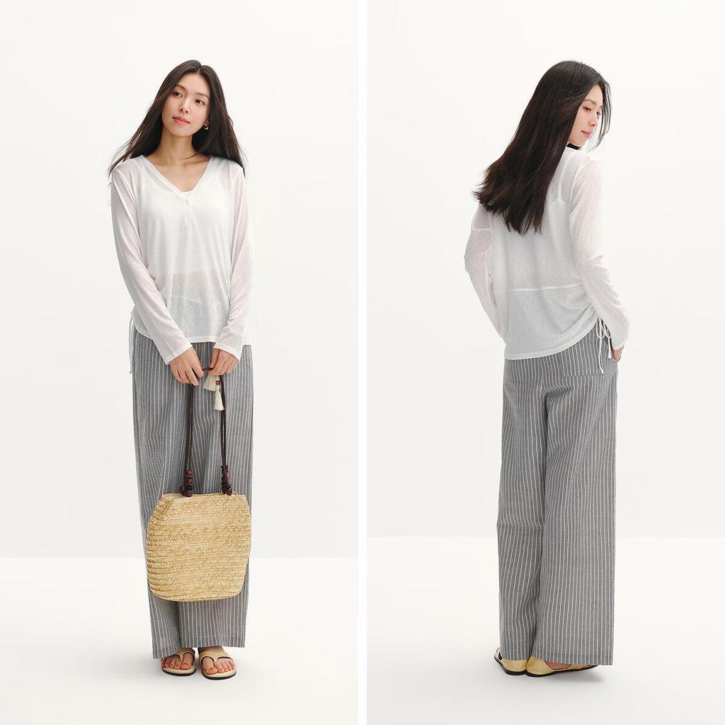Semir Women's Long Sleeve Summer V-Neck Solid Color Linen-Like Loose Drawstring Blouse 2026 Gentle Top