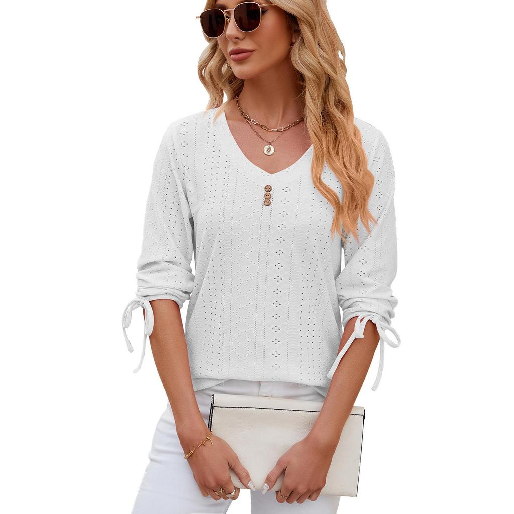 Spring and Summer Women's T-shirt New Button V-neck Solid Color Loose T-shirt Mid-sleeved Tops