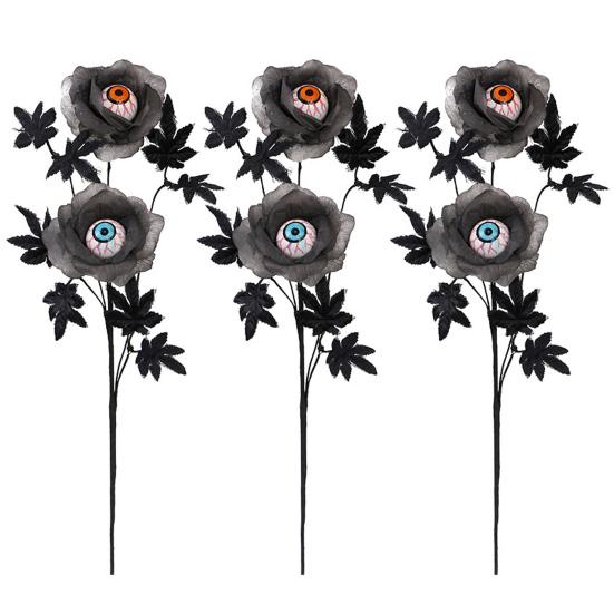 1/2/3Pcs Halloween Artificial Eyeball Flower with Black Maple Leaves Spooky Gothic Fake Silk Flower Home Table Centerpiece Faux Rose Decoration