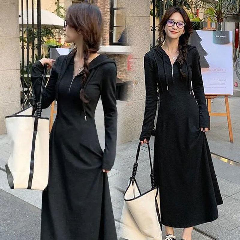 Spring 2026 Long Hoodie Dress with Cinched Waist – Elegant Fit for Pear-Shaped Figures, Hip Coverage, Extra Length XL