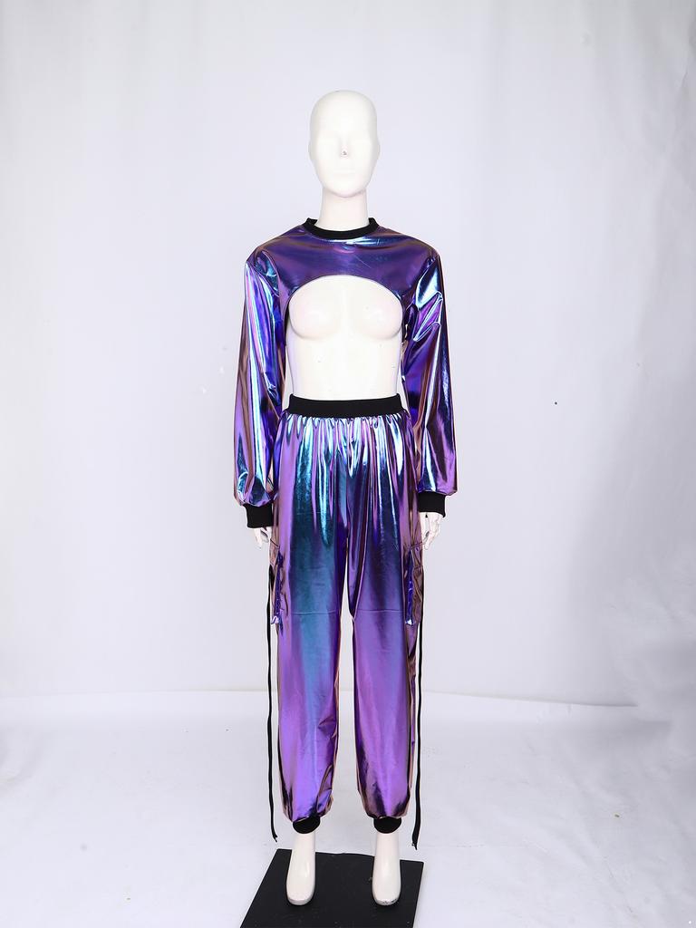 Hip Hop Dance Suit for Women Metallic Shiny Crop Top and Letter Print Cargo Pants for Jazz Disco Stage Bar Outfit
