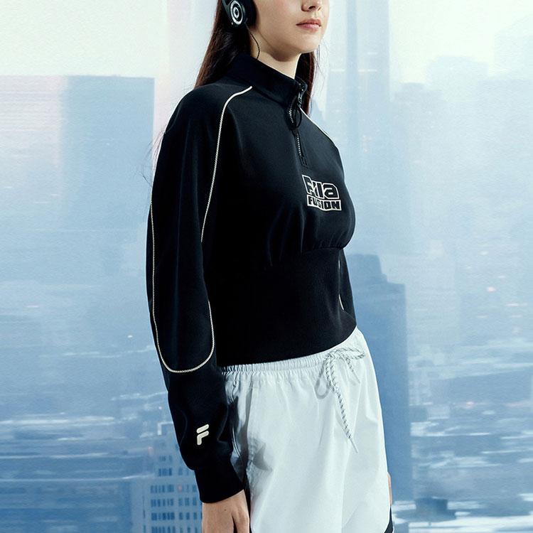 Fila Fusion Urban Tech Letter Print Knit Pullover Stand Collar Waist Cinched Short Half Zip Sweatshirt Women Sweatshirt Black T11W411201FBK