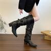 Women Punk Boots Rivet Design Chunky Motorcycle Boot Cool Nightclub Party High Heel Knee-High Buckle Decoration Casual Shoes 42
