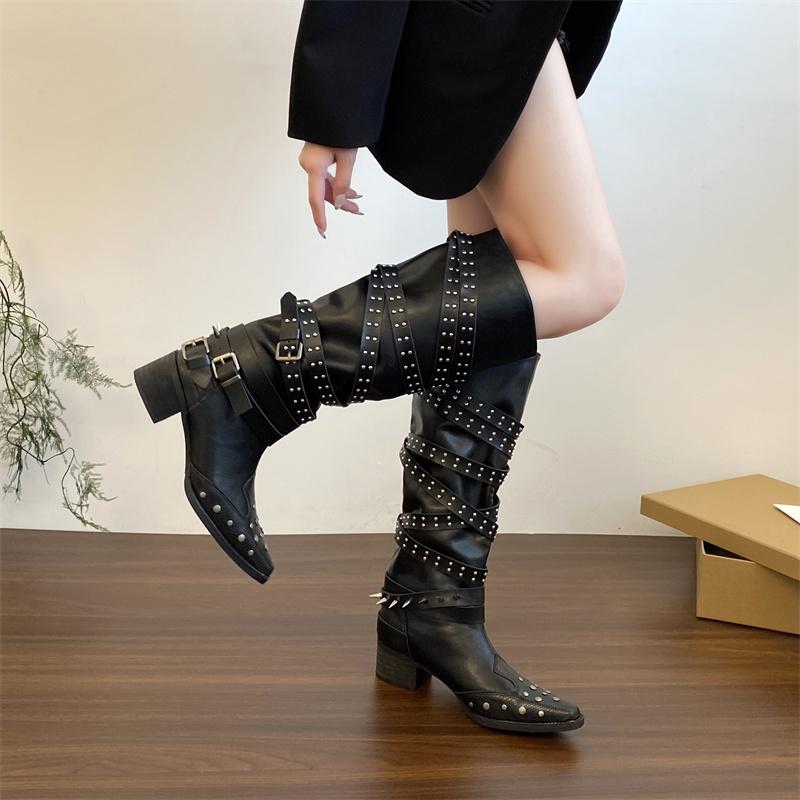 Women Punk Boots Rivet Design Chunky Motorcycle Boot Cool Nightclub Party High Heel Knee-High Buckle Decoration Casual Shoes 42