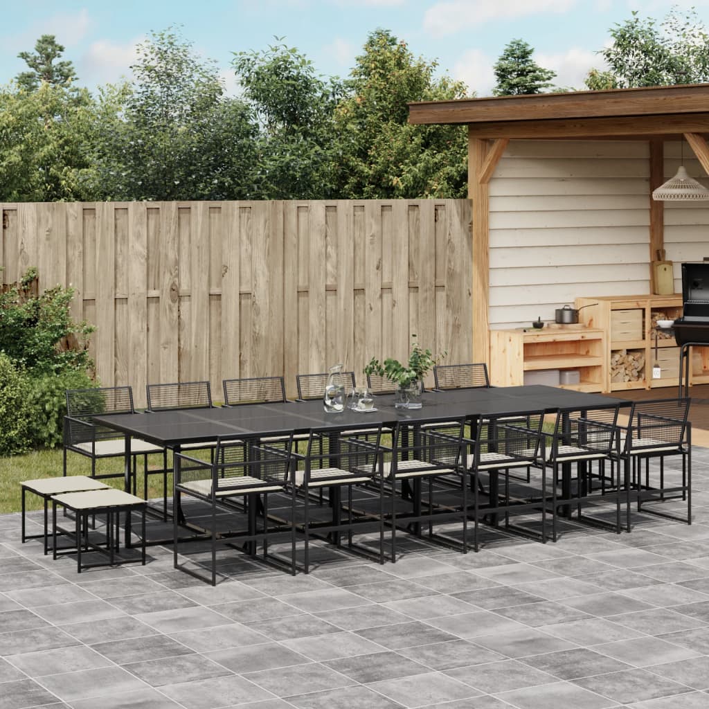 17 pc Outdoor Dining Set with Cushions Black Poly Rattan