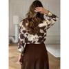 Women's Long Sleeve Button- Shirt Elegant Casual Commuter Top for Spring and Autumn, Brown and White Animal Pattern Design