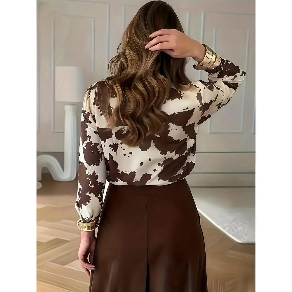 Women's Long Sleeve Button- Shirt Elegant Casual Commuter Top for Spring and Autumn, Brown and White Animal Pattern Design