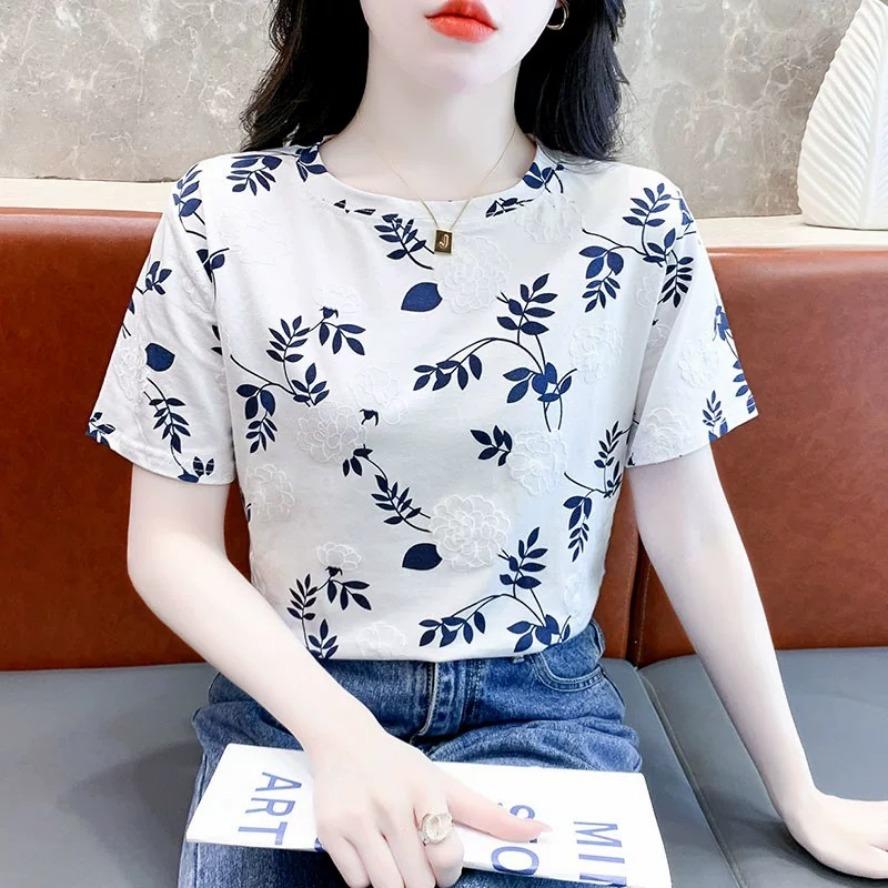 Damemote Uformelt sommer-vårblomstmønster med kortermet bluser og skjorter med o-hals
