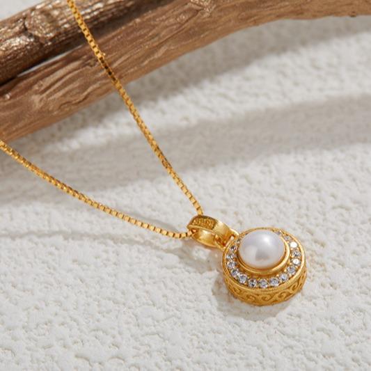 S925 Sterling Silver Ancient Gold Craft Zircon And Pearl Necklace Women'S Luxury Atmospheric Pendant