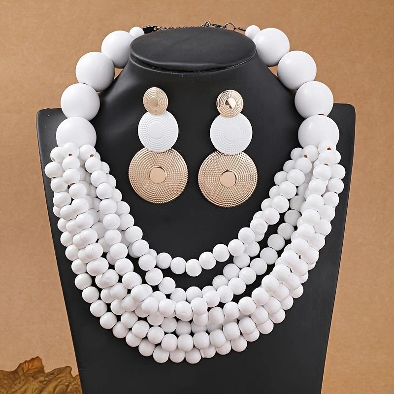 African Zircon Set Ethnic Style Multi-layer Handmade Wooden Beads Beaded Statement Necklace Earrings Women Party Accessories