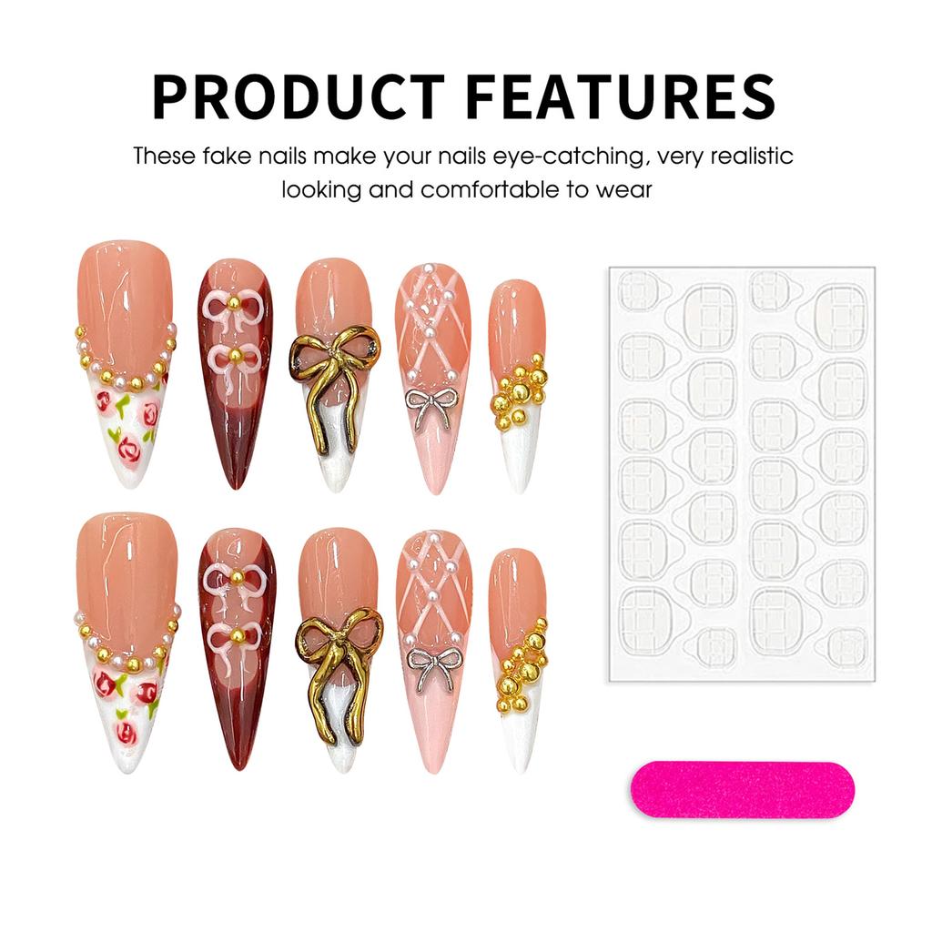 Tortoiseshell Press On Nails Long Red With Bowknot Design For Party Wedding