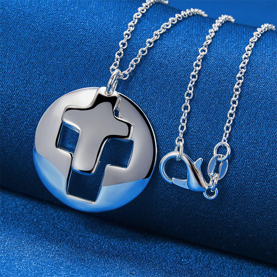 925 Sterling Silver 16-30 Inch Exquisite Round Cross Pendant Necklace, Women's Charm, Wedding Jewelry Accessories, Gifts