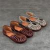 Johnature Genuine Leather Round Toe Soft Soled Flat Sandals Retro Pleated Women's Shoes