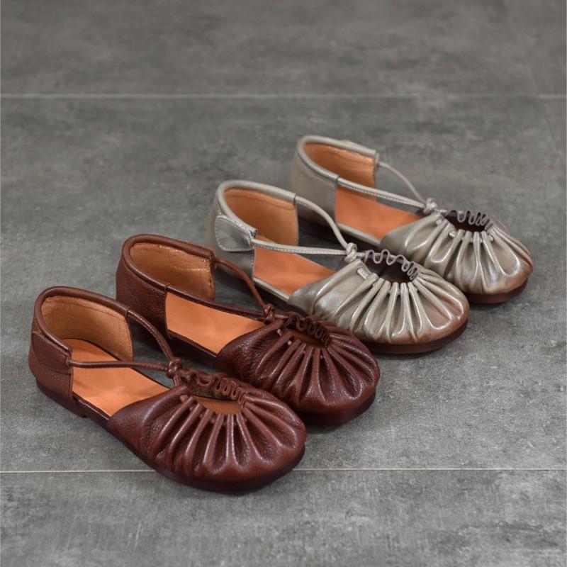 Johnature Genuine Leather Round Toe Soft Soled Flat Sandals Retro Pleated Women's Shoes