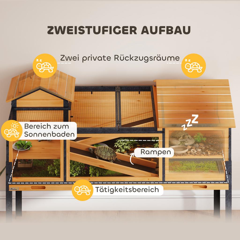 Wooden Tortoise House with Stand Legs, Clear Observation Windows, Ramps, Openable Top, Built-in Tray, Yellow