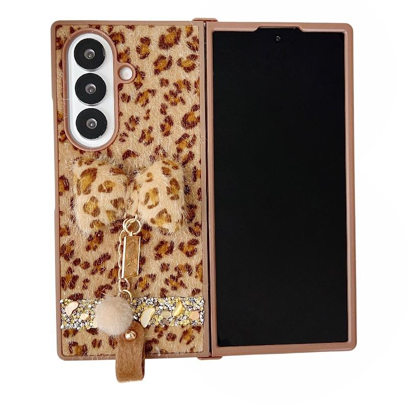 Applicable To Samsung ZFold7 Folding Leopard Print Mobile Phone Case, Bow Plush Hand Rope Zfold6/5 Japanese and Korean Protective Case