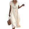 Women's Summer Round V-Neck Short-Sleeve -Color Cotton-Linen Dress With Openwork Lace
