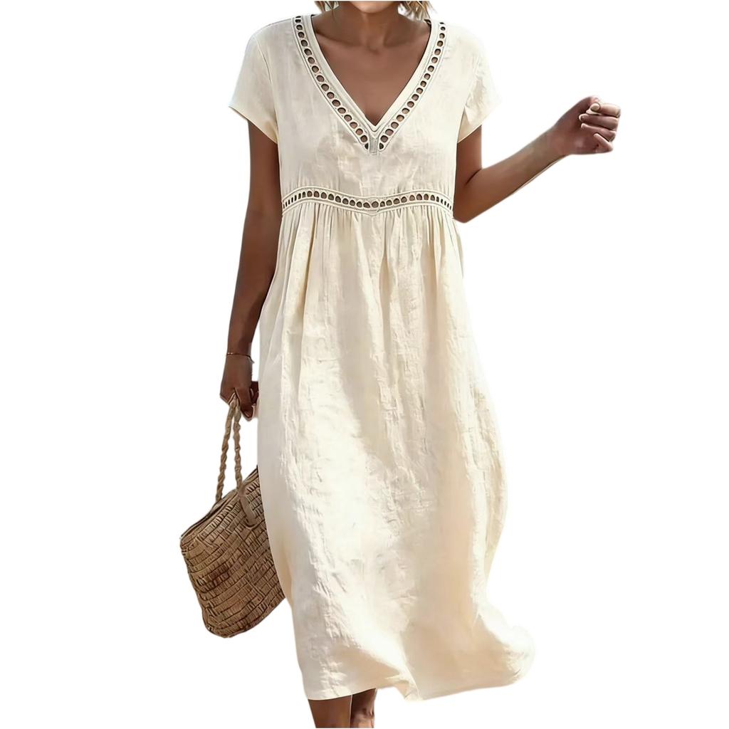 Women's Summer Round V-Neck Short-Sleeve -Color Cotton-Linen Dress With Openwork Lace
