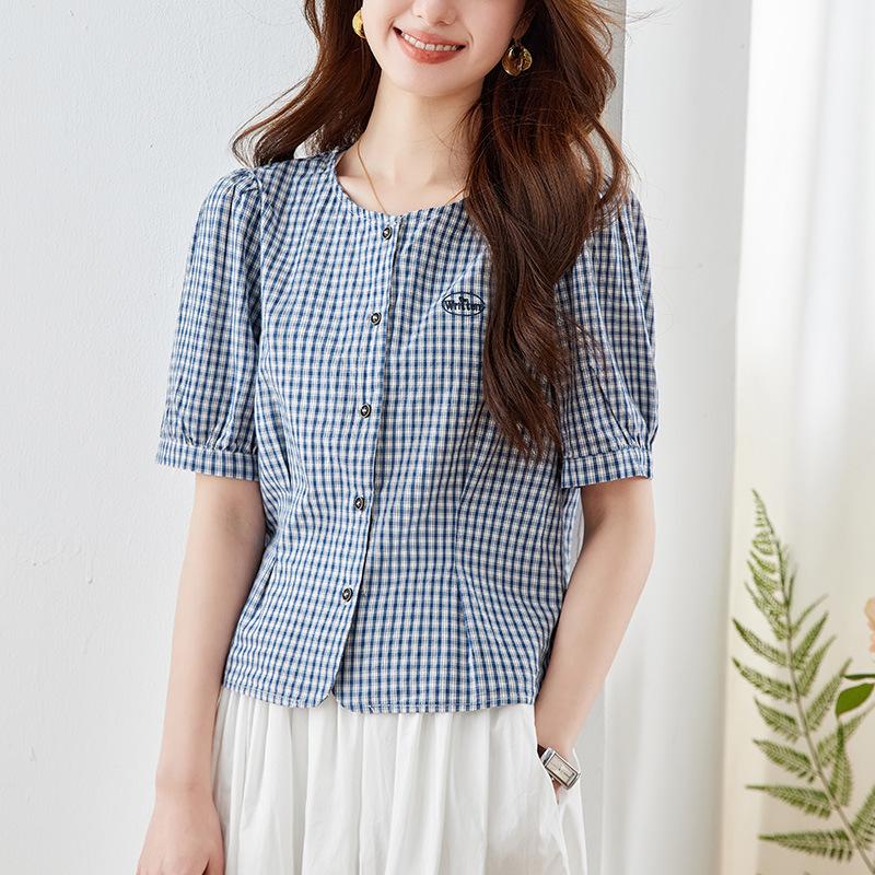 

Round Neck Plaid Shirt for Women Short-sleeved Summer Clothes New Korean Casual Loose Small Shirt M