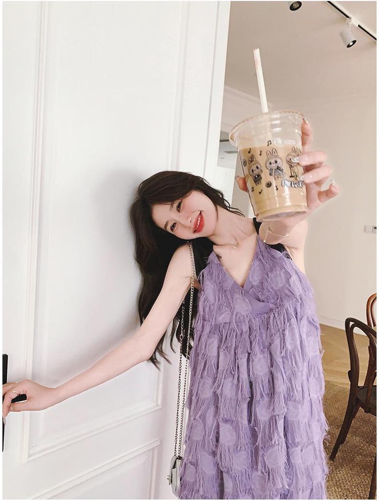 2024 Summer French Color-Blocked Tassel Suspender Dress