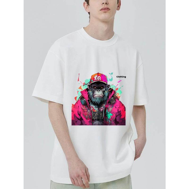 Černé tričko s barevným grafickým potiskem opice a textem pro běžné nošení