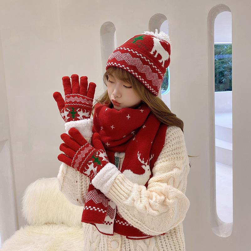 Korean-style student autumn and winter women's knitted hat, scarf, and touchscreen gloves three-piece set, warm Christmas new hat