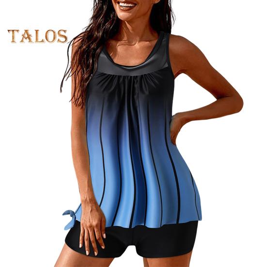 

2 шт./компл. женский летний комплект танкини с круглым вырезом без рукавов, мягкие топы с принтом, однотонные плавки со средней посадкой, комплект быстросохнущих купальников XL