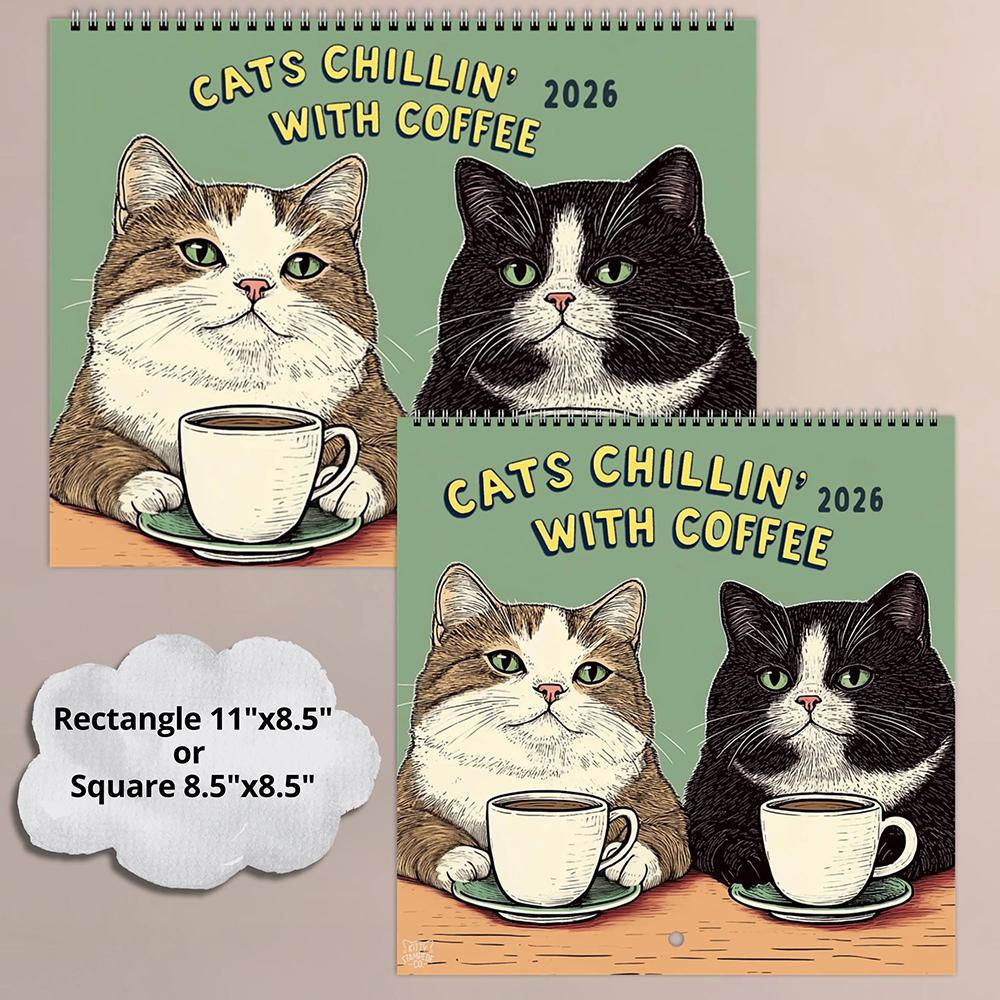 2026 Calendar Hangable Cat Chilling with Coffee Design Family Planner Schedule Organizer Home Office Decor Present Wall Calendar