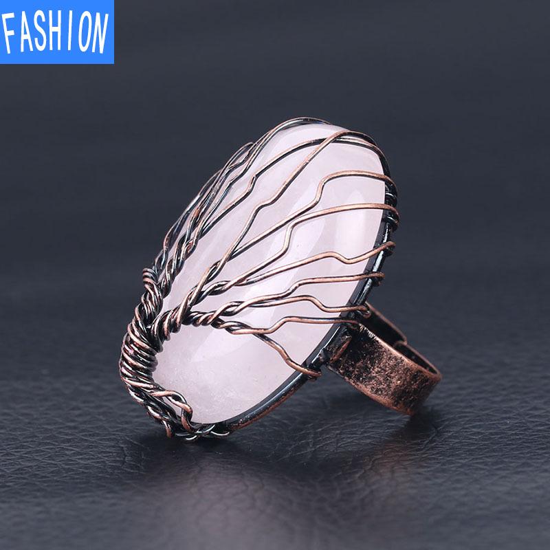 

Винтажное медное кольцо ручной работы из проволоки, круглое регулируемое кольцо с натуральным кристаллом Tree Life RoseQuartz