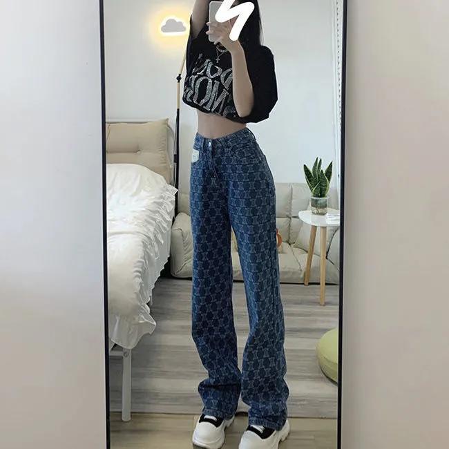 Pantaloni larghi in denim jacquard Love estivi a vita alta larghi dritti da mocio sezione sottile