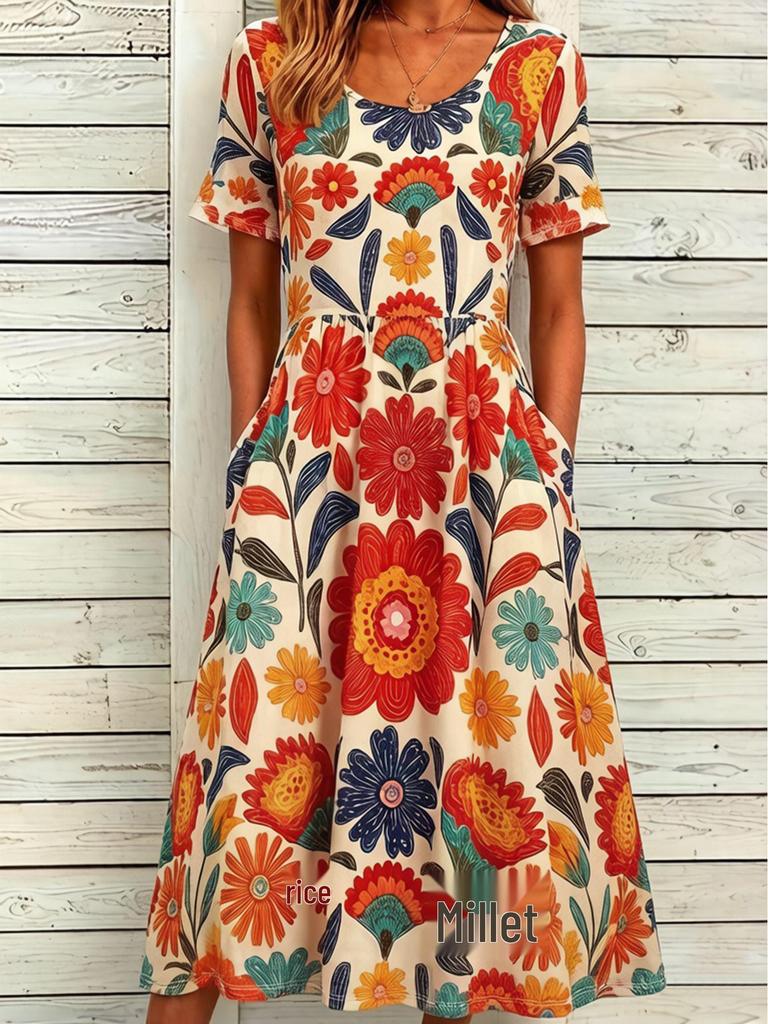 2024 Summer Bohemian Print Women's Maxi Dress with Round Neck and Short Sleeves