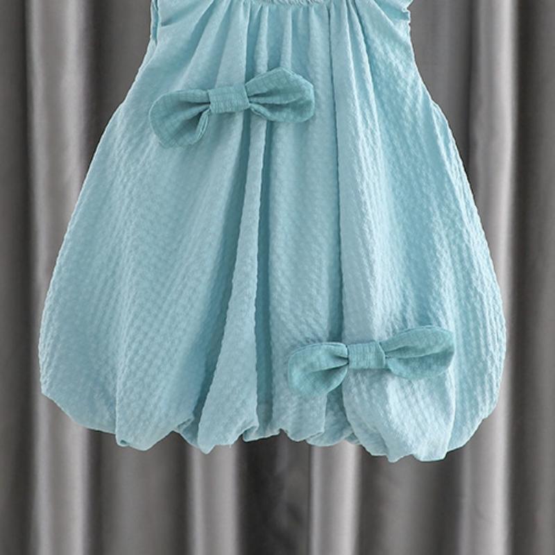 Summer Korean Dress Kids Girls Clothes Cotton Knotbow Ruched Tops Fluffy Dress Children Girls Sleeveless Dress