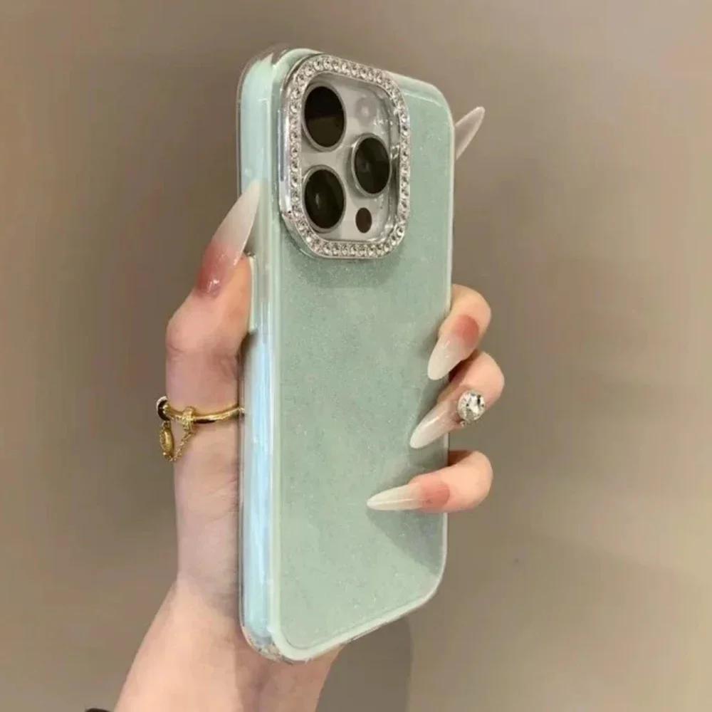 3 IN 1 Bling Glitter IMD Candy Color Phone Case For iPhone 16 15 14 13 12 11 17Pro Max Plus Diamond Camera Protector Shining Cover