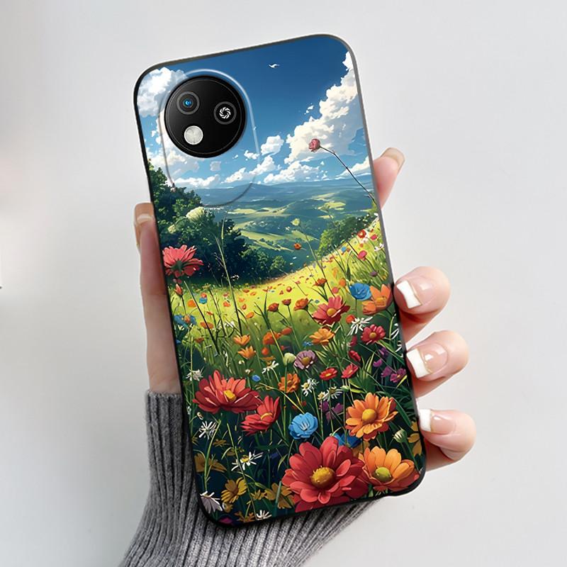 For ZTE Blade A35 Lite/A35 Core Jelly Soft Black Cover Romantic Scenery Pattern Coconut Tree Wildflower Sunflower Casing