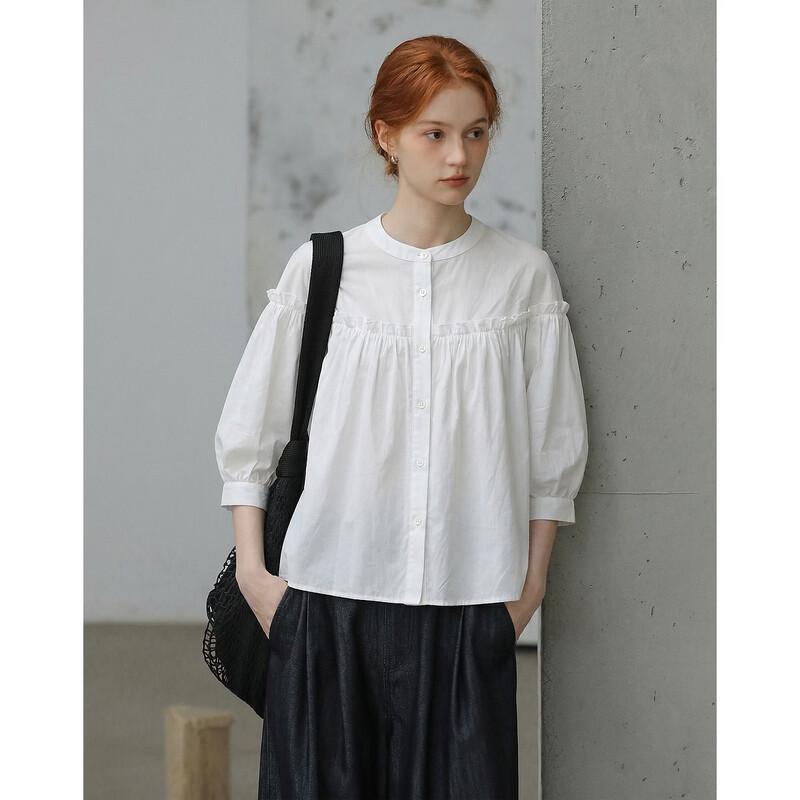 Demana Women's French Pleated Bubble Sleeve Cotton Blouse