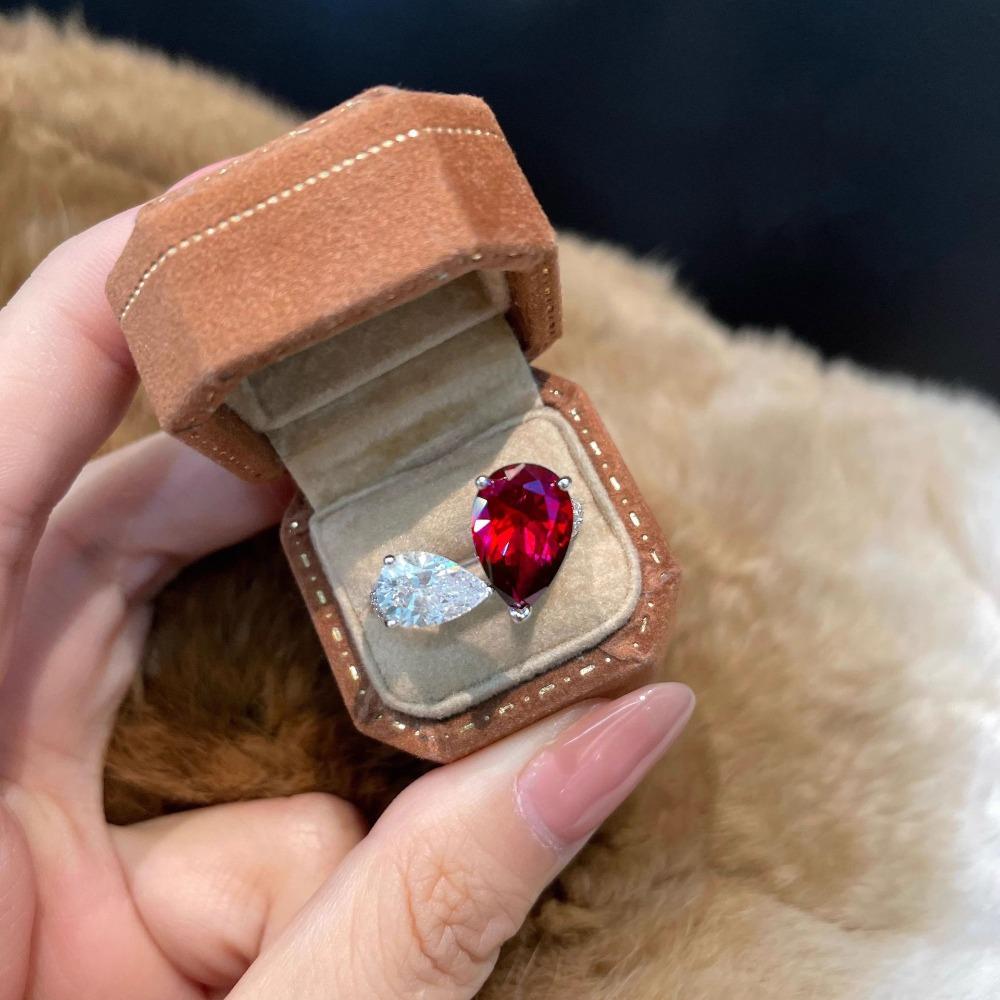 Open Ring Fashion Luxury Red Diamond Drop Shape Ring Unique Design Blue Gemstone Women Statement Ring Adjustable